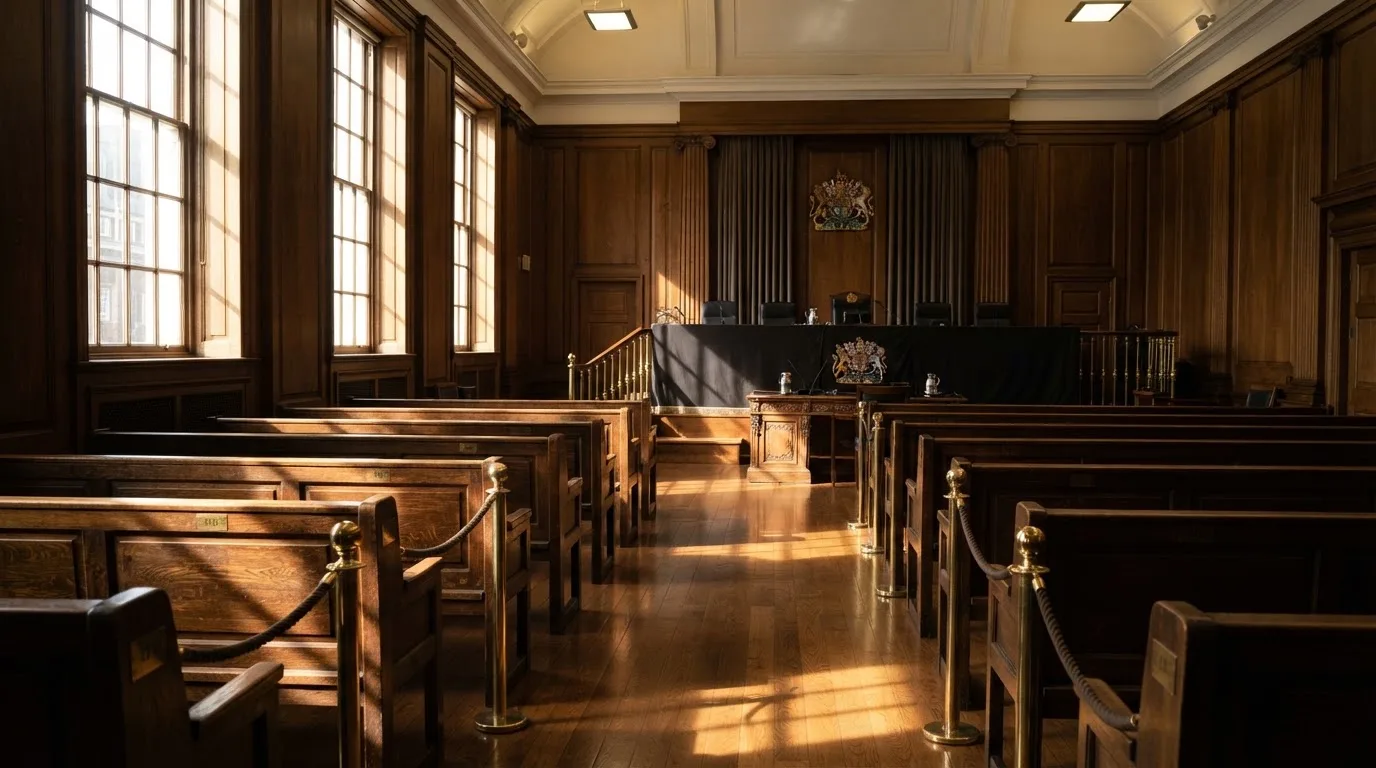 Sala de tribunal vazia com painéis de madeira, à luz da manhã — cassino com roleta em portugal