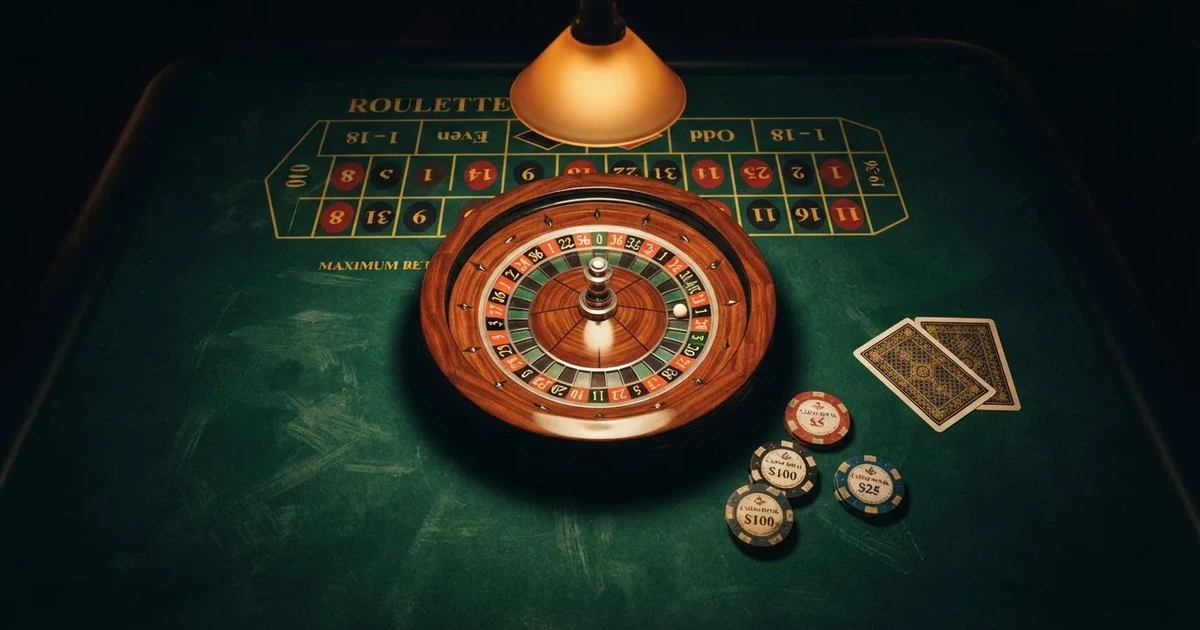 Mesa de jogo iluminada com cartas, vista de cima — cassino com roleta em portugal