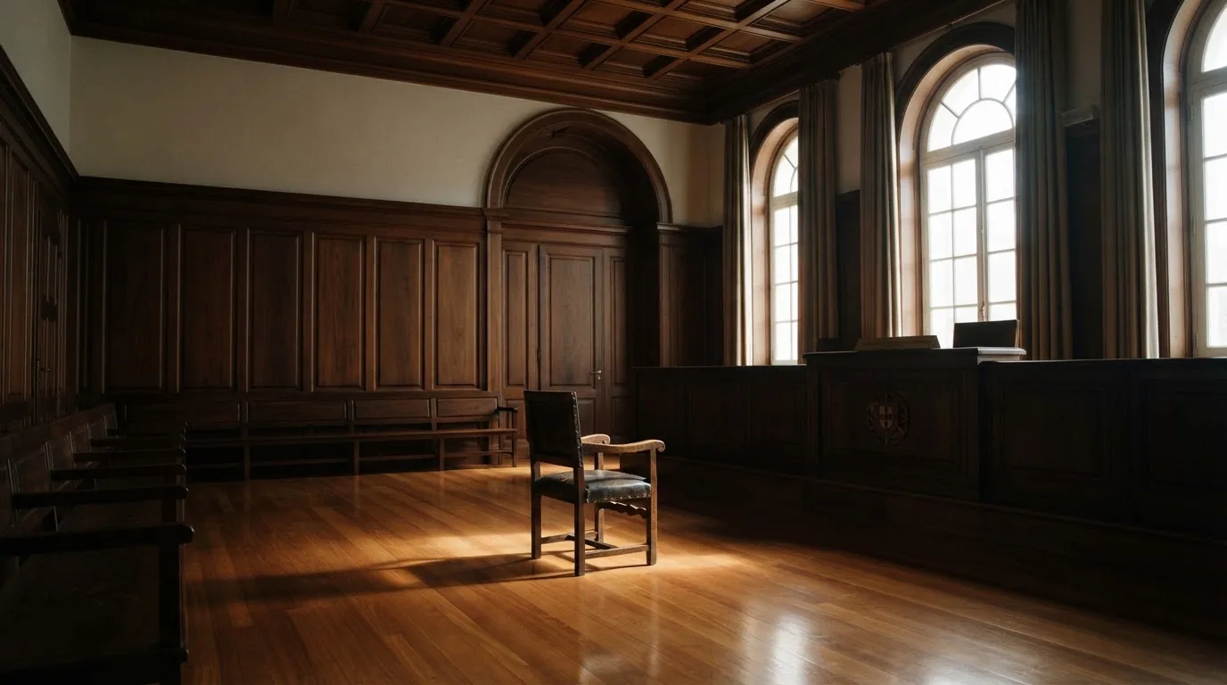 Sala de tribunal vazia com painéis de madeira, à luz da manhã — cassino grátis em portugal