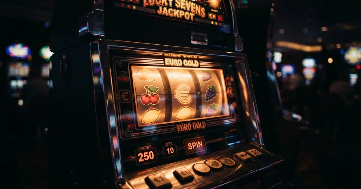 Rolos luminosos de uma slot machine numa sala escura, em grande plano — cassino grátis em portugal