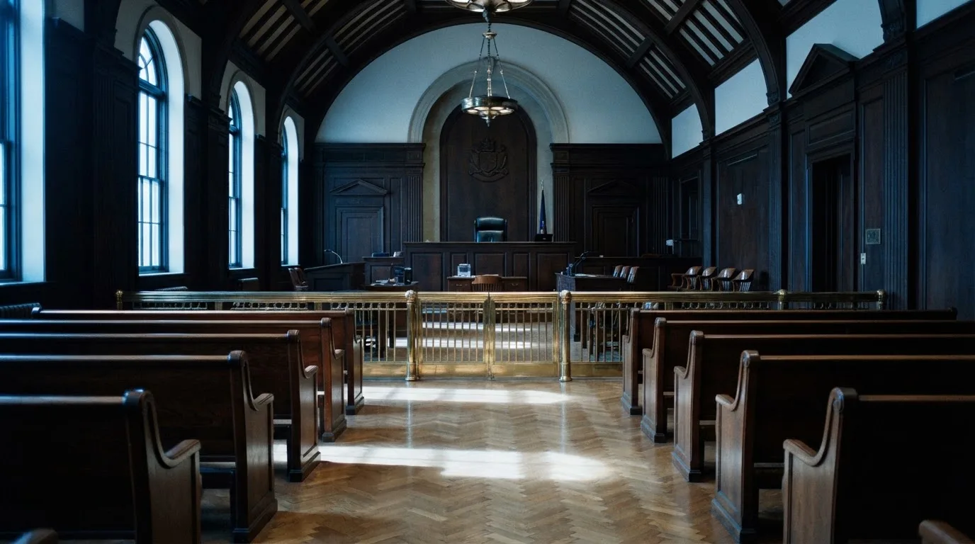 Sala de tribunal vazia com painéis de madeira, à luz da manhã — cassino sem depósito em portugal