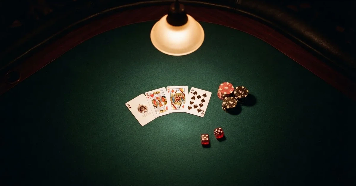 Mesa de jogo iluminada com cartas, vista de cima — cassinos ao vivo em portugal