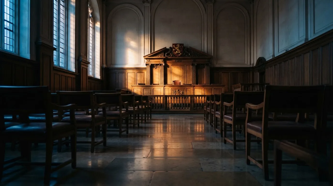 Sala de tribunal vazia com painéis de madeira, à luz da manhã — cassinos com bitcoin em portugal