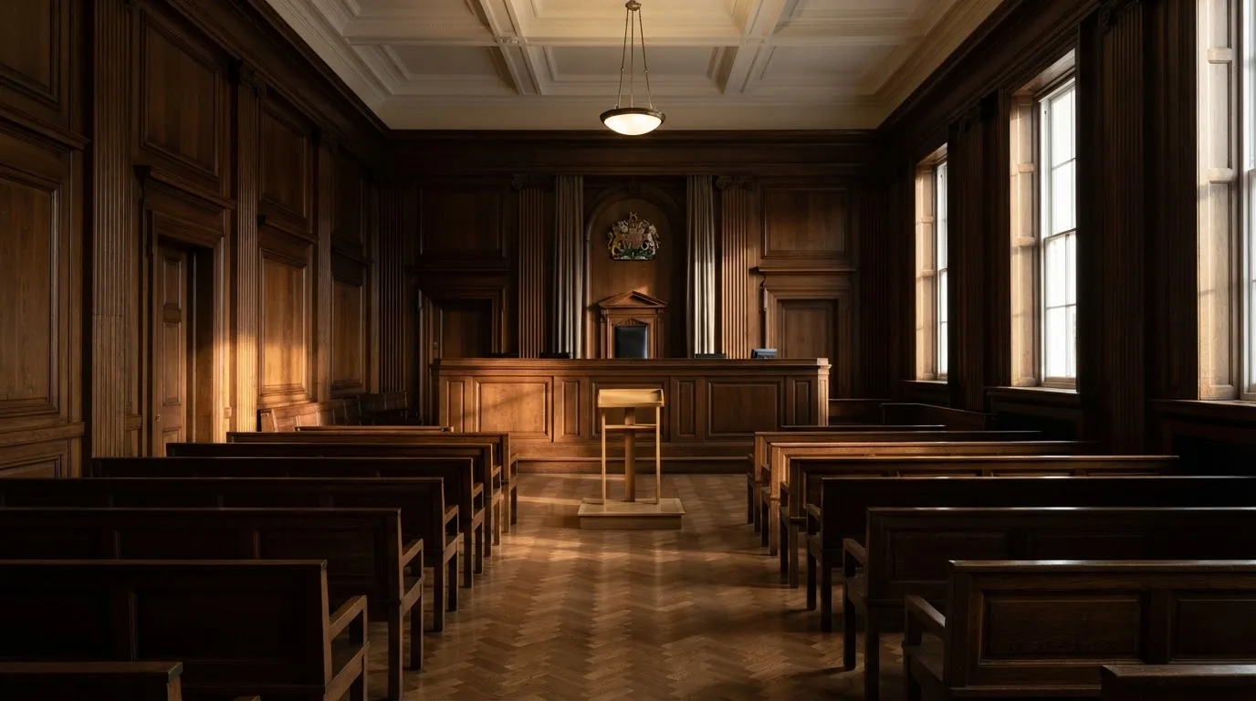 Sala de tribunal vazia com painéis de madeira, à luz da manhã — cassinos de criptomoedas pt