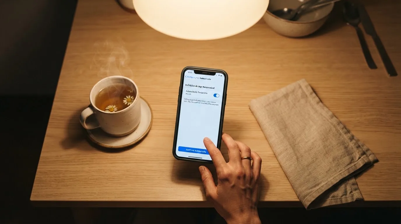 Mão a segurar um telemóvel ao lado de uma chávena de chá numa mesa de cozinha, numa noite tranquila — cassinos online em portugal