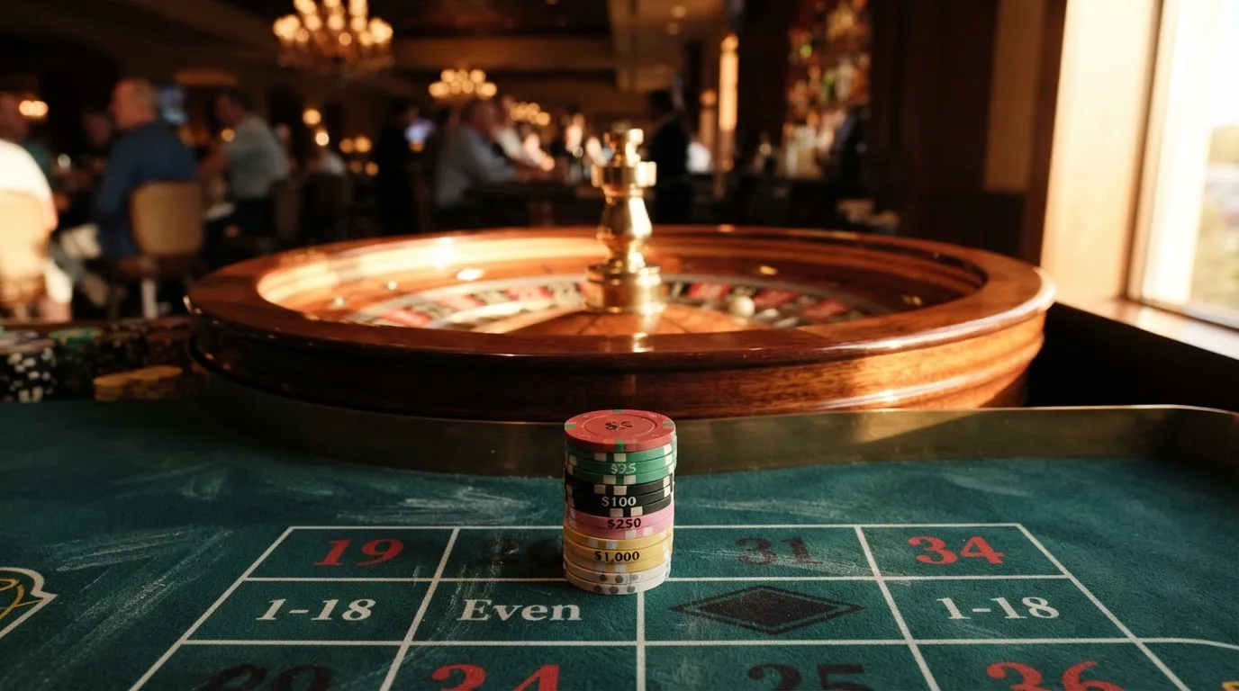 Roda de roleta e fichas sobre feltro verde, sob uma luz quente de fim de tarde — como jogar em casino pt