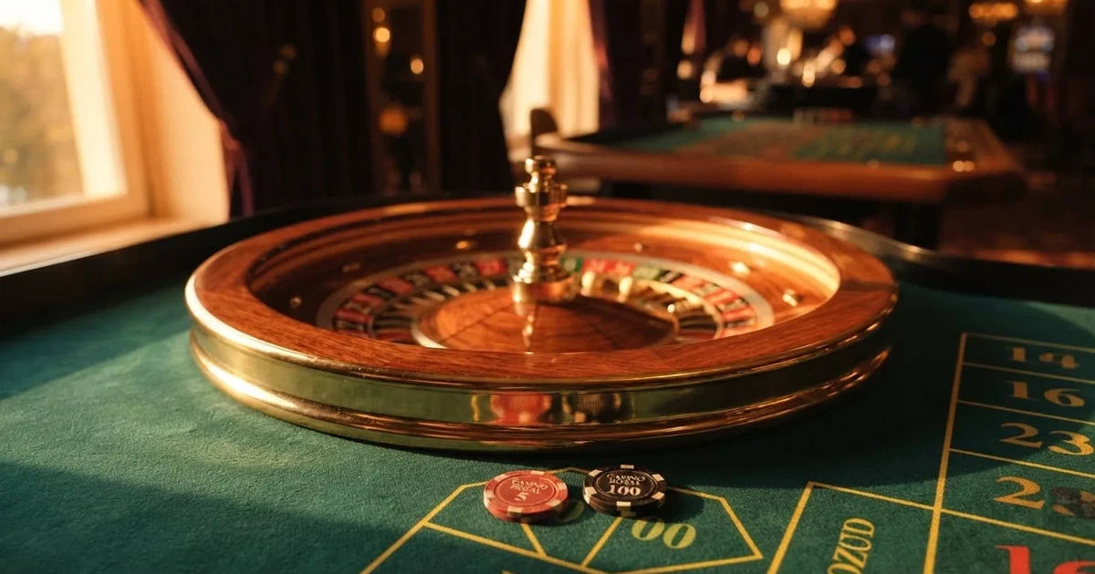 Roda de roleta e fichas sobre feltro verde, sob uma luz quente de fim de tarde — estoril casino em portugal