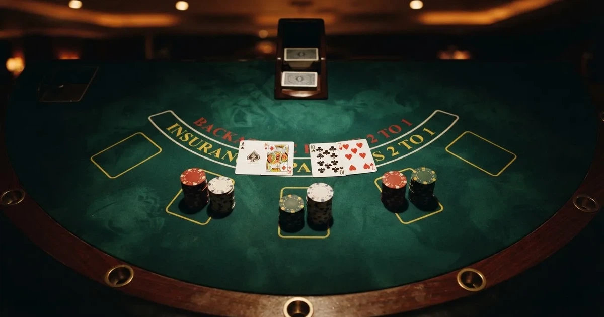Mesa de jogo iluminada com cartas, vista de cima — estratégia de blackjack para portugueses