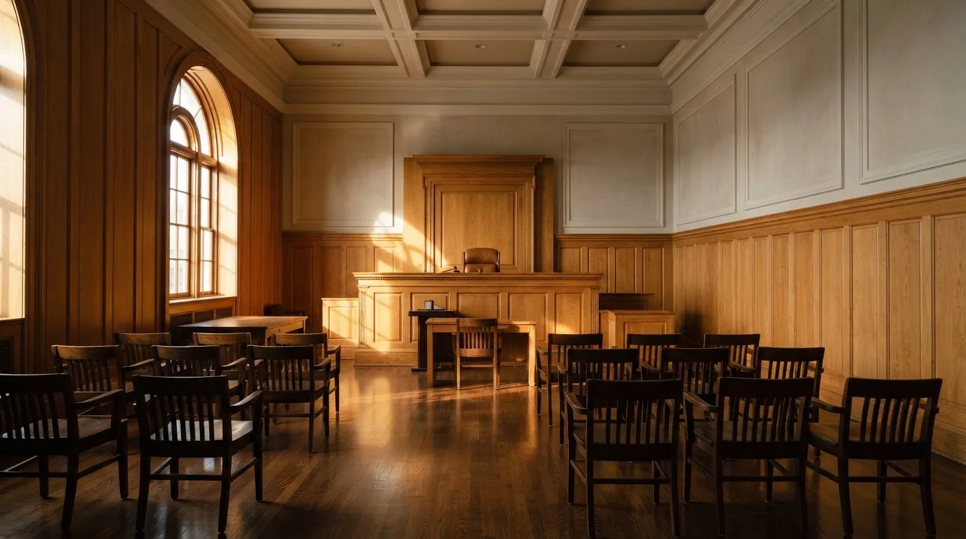 Sala de tribunal vazia com painéis de madeira, à luz da manhã — estratégia de roleta para portugueses