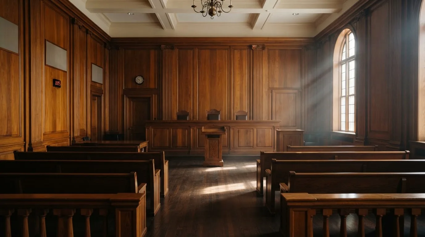 Sala de tribunal vazia com painéis de madeira, à luz da manhã — guias de casino para os portugueses