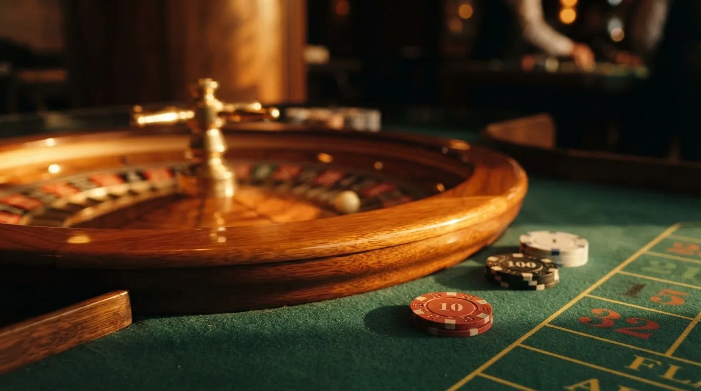 Roda de roleta e fichas sobre feltro verde, sob uma luz quente de fim de tarde — guias de casino para os portugueses