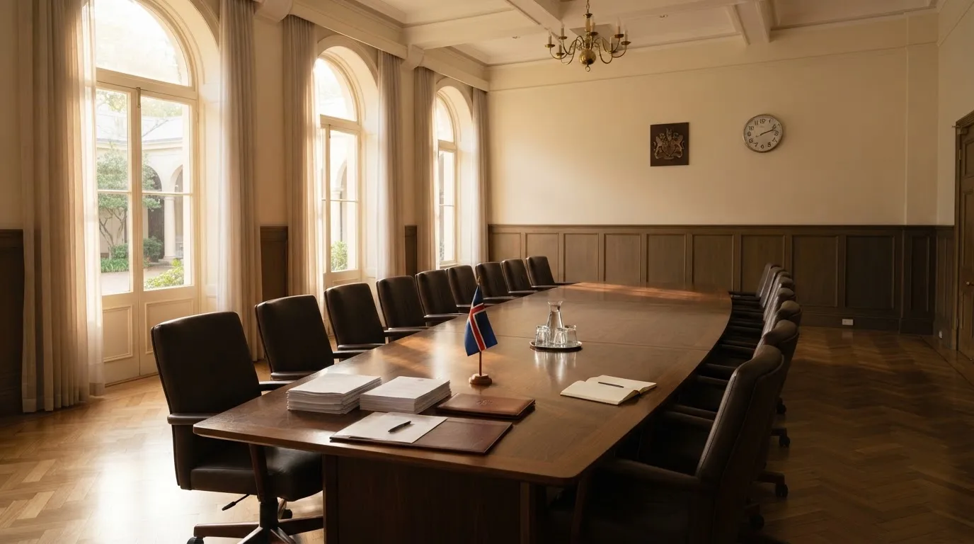 Sala de reuniões de um organismo público com mesa comprida, cadeiras alinhadas e janelas altas, sem pessoas, luz de manhã.