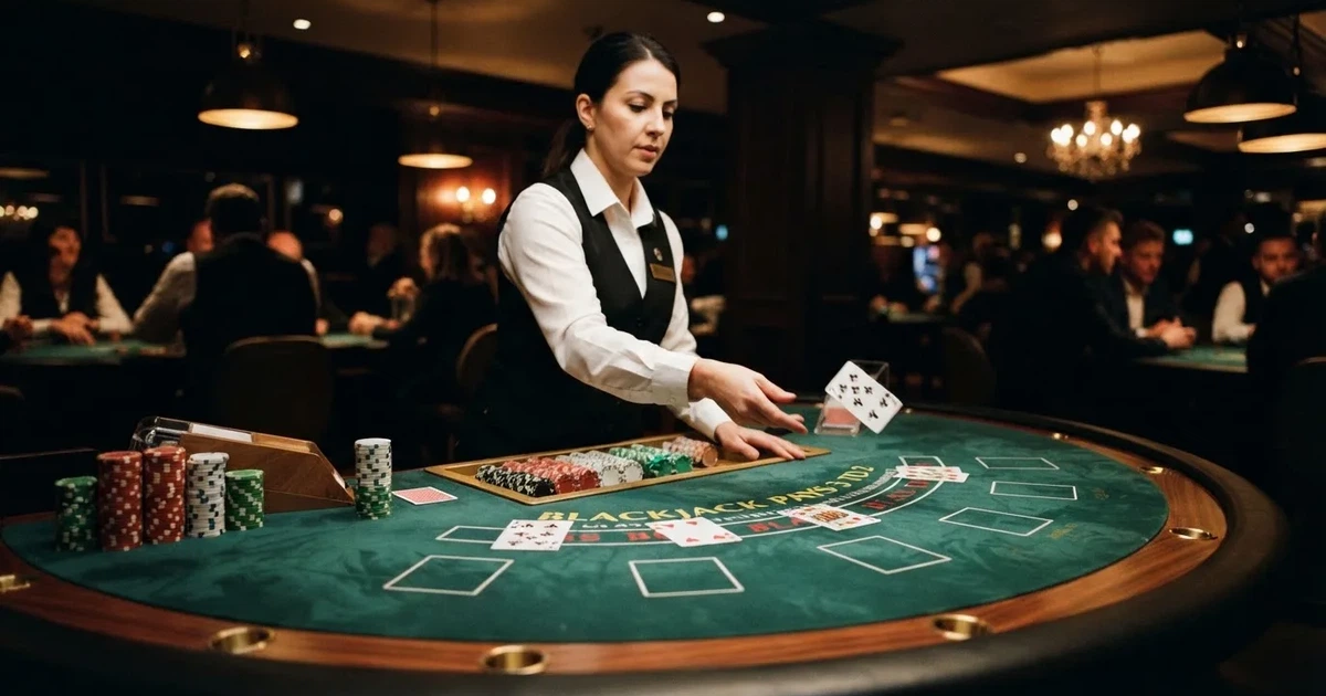 Croupier de colete preto a distribuir cartas numa mesa de blackjack semicircular, feltro verde, fichas empilhadas e iluminação baixa.