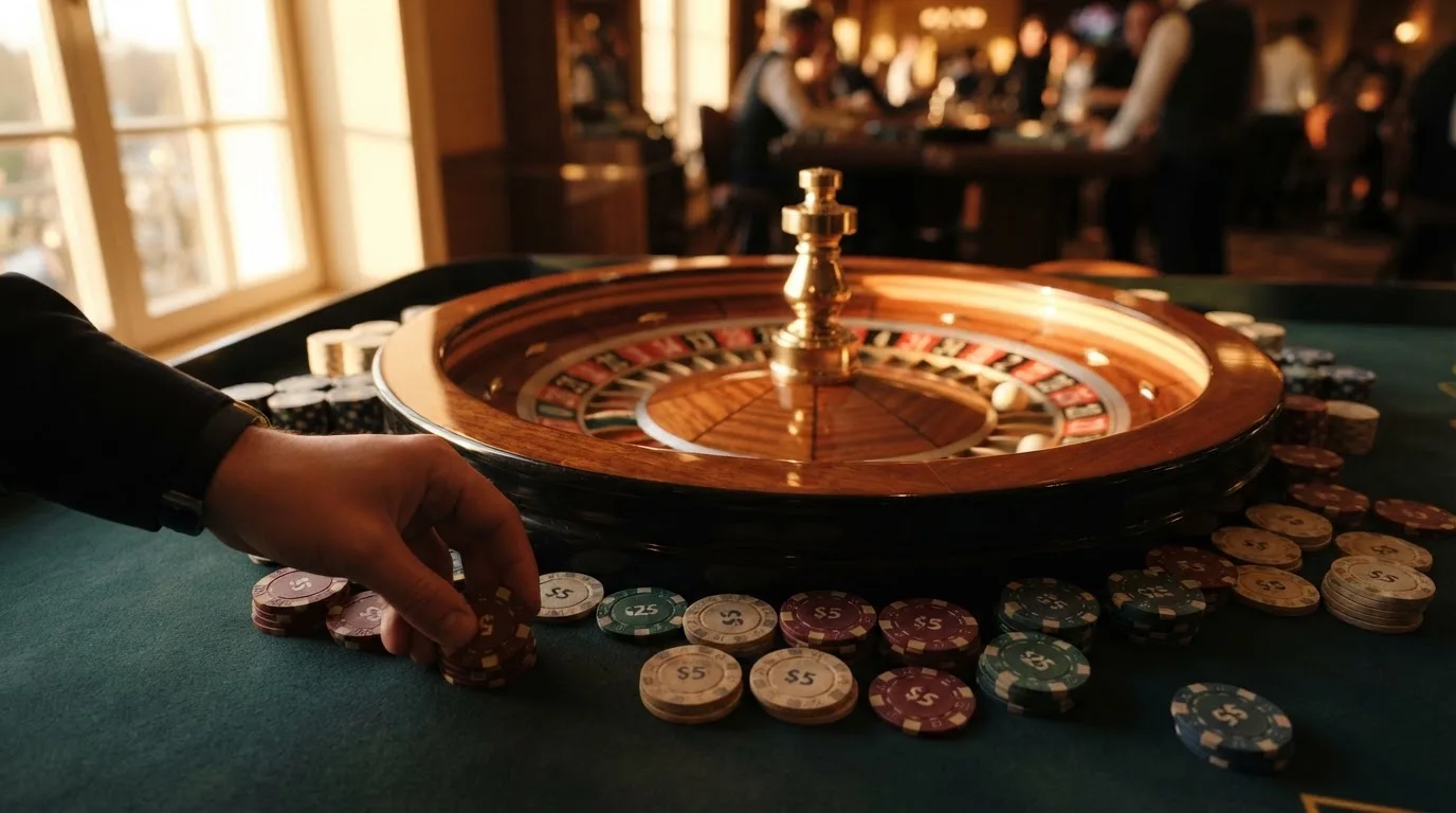 Roda de roleta e fichas sobre feltro verde, sob uma luz quente de fim de tarde — jogar no casino em portugal