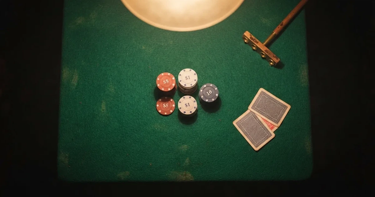 Mesa de jogo iluminada com cartas, vista de cima — jogar no casino em portugal