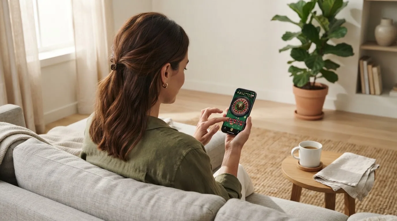Mulher sentada num sofá a jogar roleta no telemóvel, com uma chávena de café na mesa e luz natural a entrar pela janela.