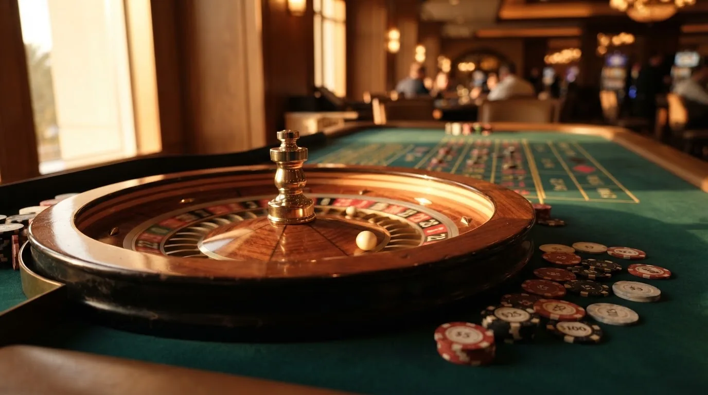 Roda de roleta e fichas sobre feltro verde, sob uma luz quente de fim de tarde — jogo de craps em portugal