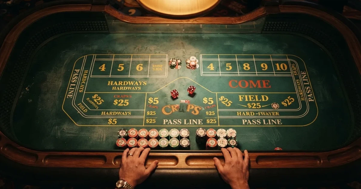 Mesa de jogo iluminada com cartas, vista de cima — jogo de craps em portugal