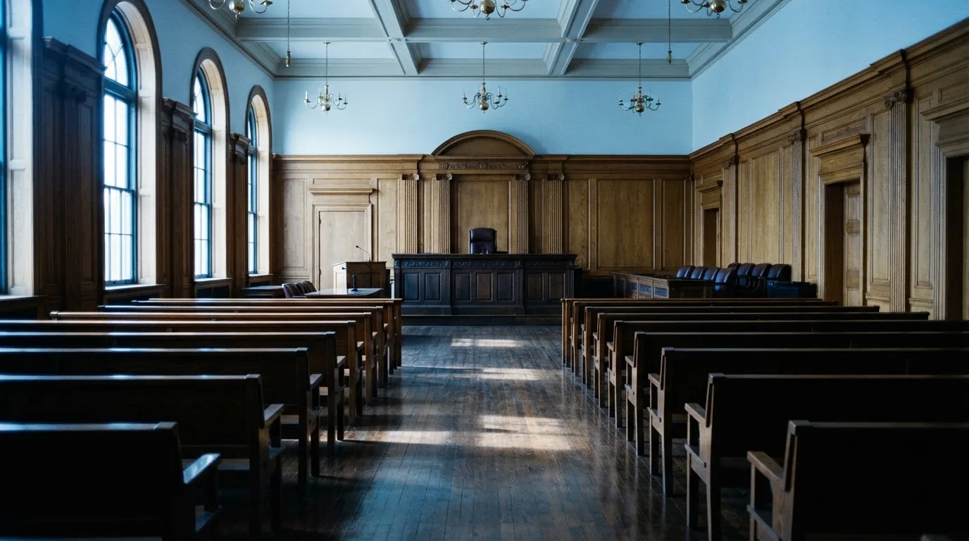 Sala de tribunal vazia com painéis de madeira, à luz da manhã — jogos de caça-níqueis em portugal