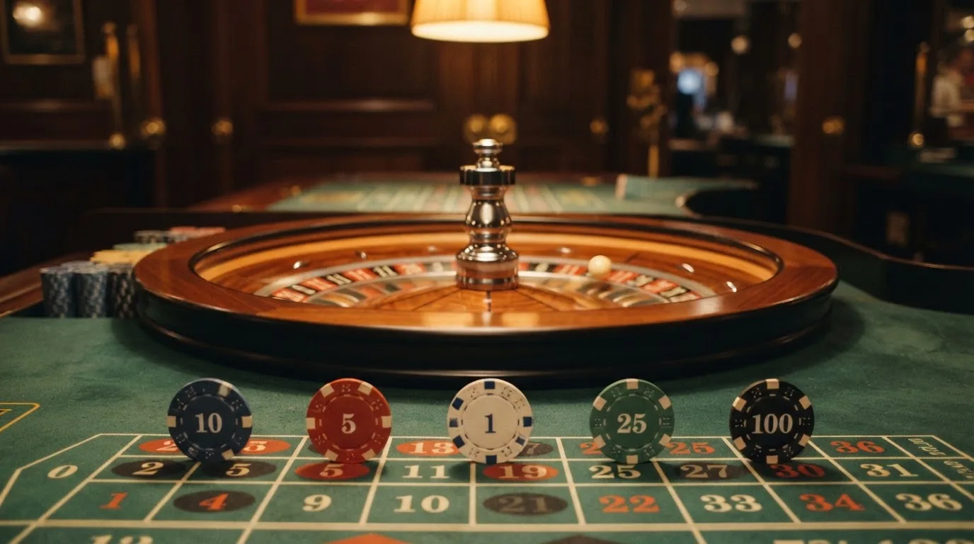 Roda de roleta e fichas sobre feltro verde, sob uma luz quente de fim de tarde — jogos de casino em portugal