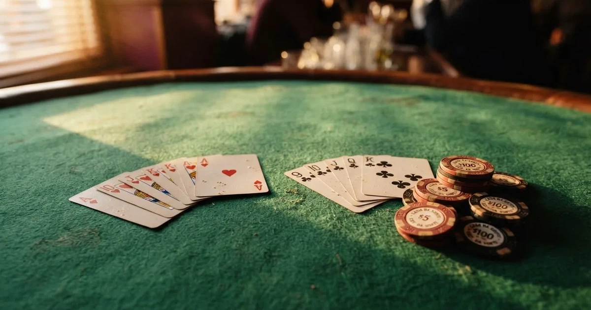 Mesa de jogo iluminada com cartas, vista de cima — jogos de casino em portugal