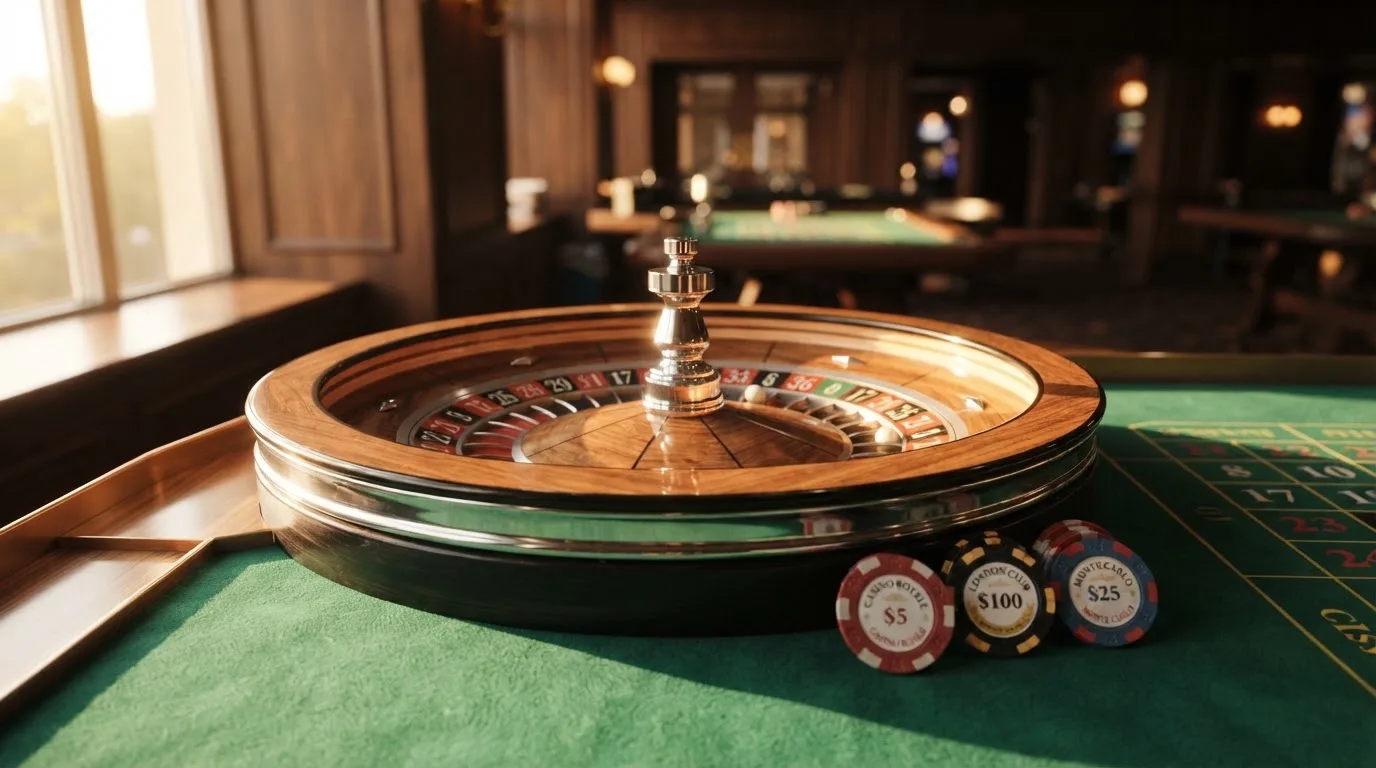 Roda de roleta e fichas sobre feltro verde, sob uma luz quente de fim de tarde — jogos de casino grátis pt