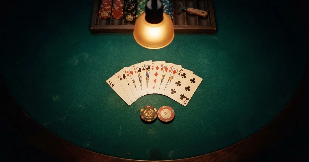 Mesa de jogo iluminada com cartas, vista de cima — jogos de casino grátis pt