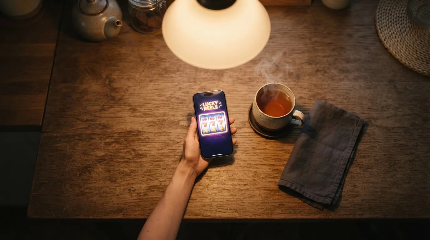 Mão a segurar um telemóvel ao lado de uma chávena de chá numa mesa de cozinha, numa noite tranquila — jogos de casino online pt