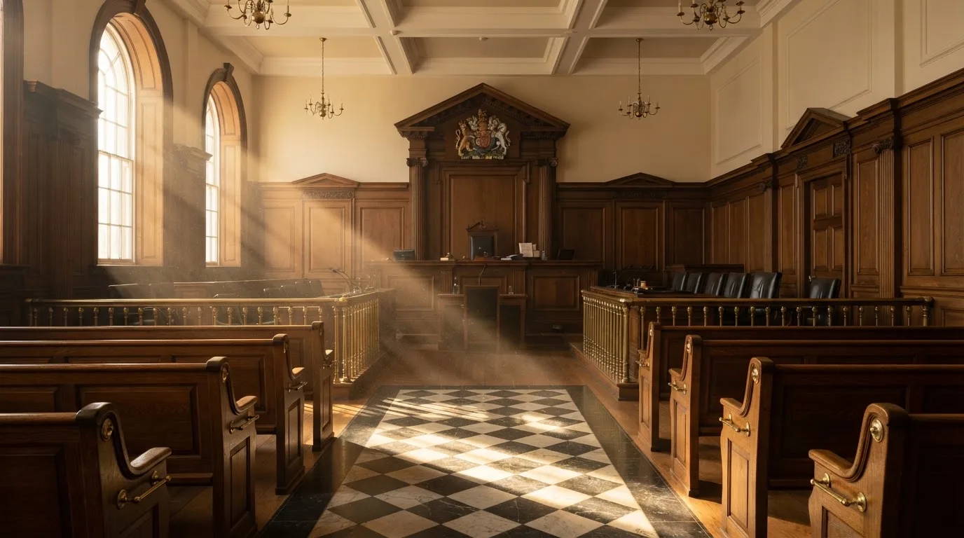 Sala de tribunal vazia com painéis de madeira, à luz da manhã — jogos de cassino em portugal