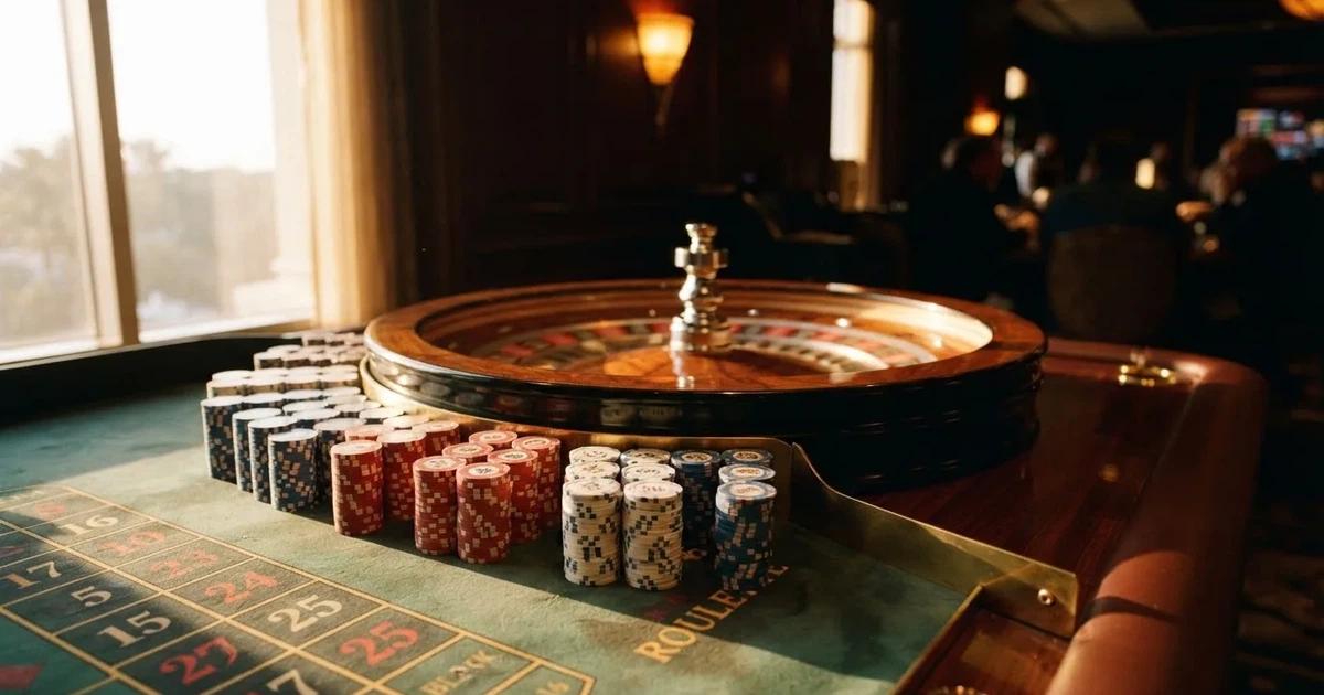 Roda de roleta e fichas sobre feltro verde, sob uma luz quente de fim de tarde — jogos de cassino em portugal