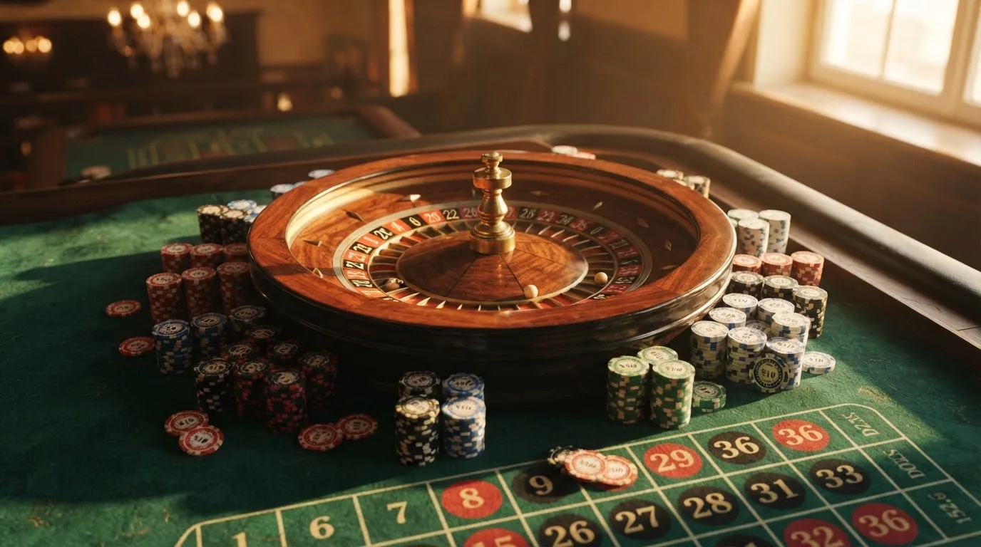 Roda de roleta e fichas sobre feltro verde, sob uma luz quente de fim de tarde — jogos de roleta em casino pt