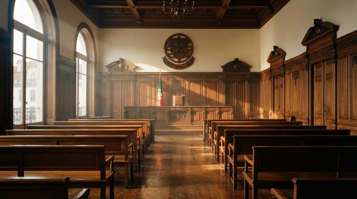 Sala de tribunal vazia com painéis de madeira, à luz da manhã — jogos de slots em portugal