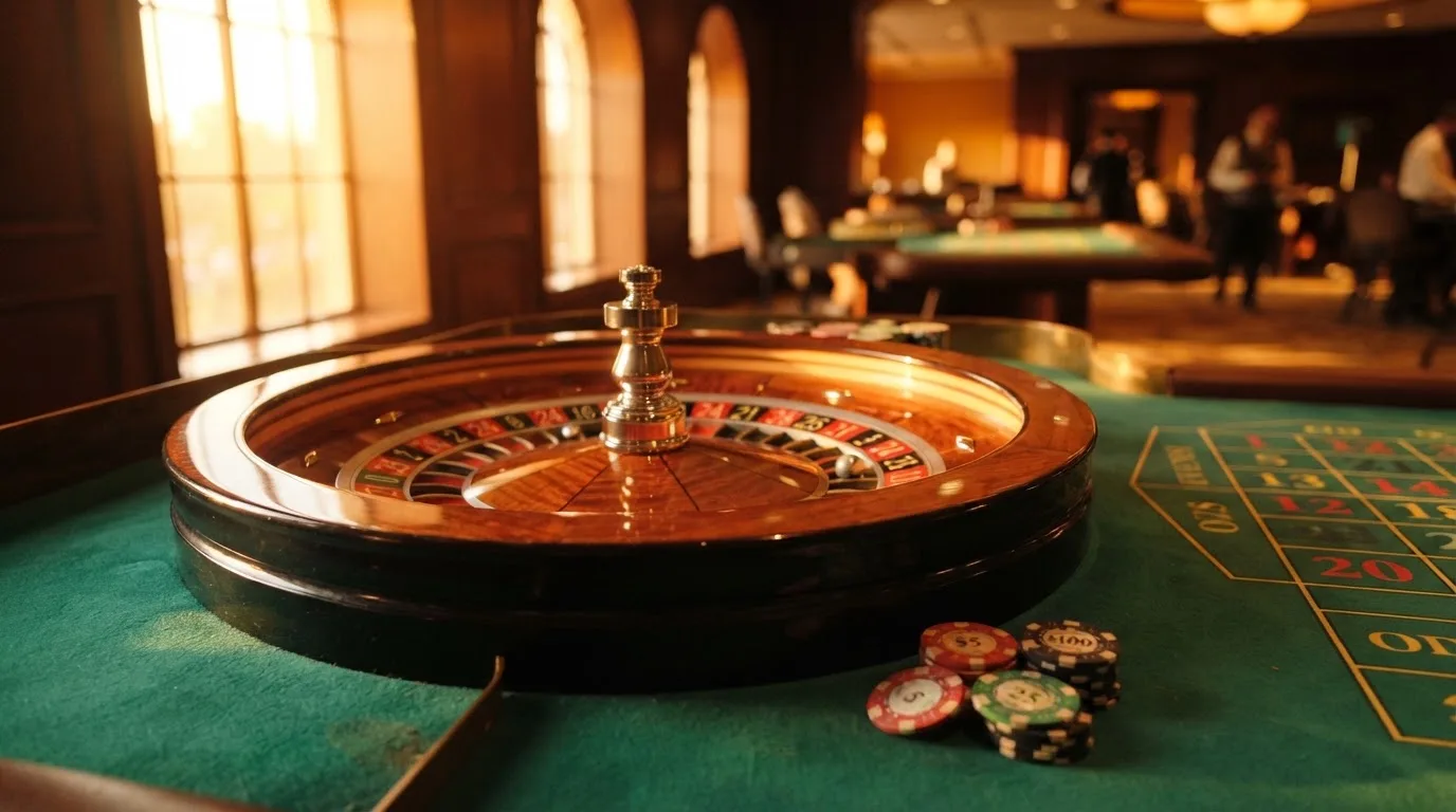 Roda de roleta e fichas sobre feltro verde, sob uma luz quente de fim de tarde — jogos de slots em portugal