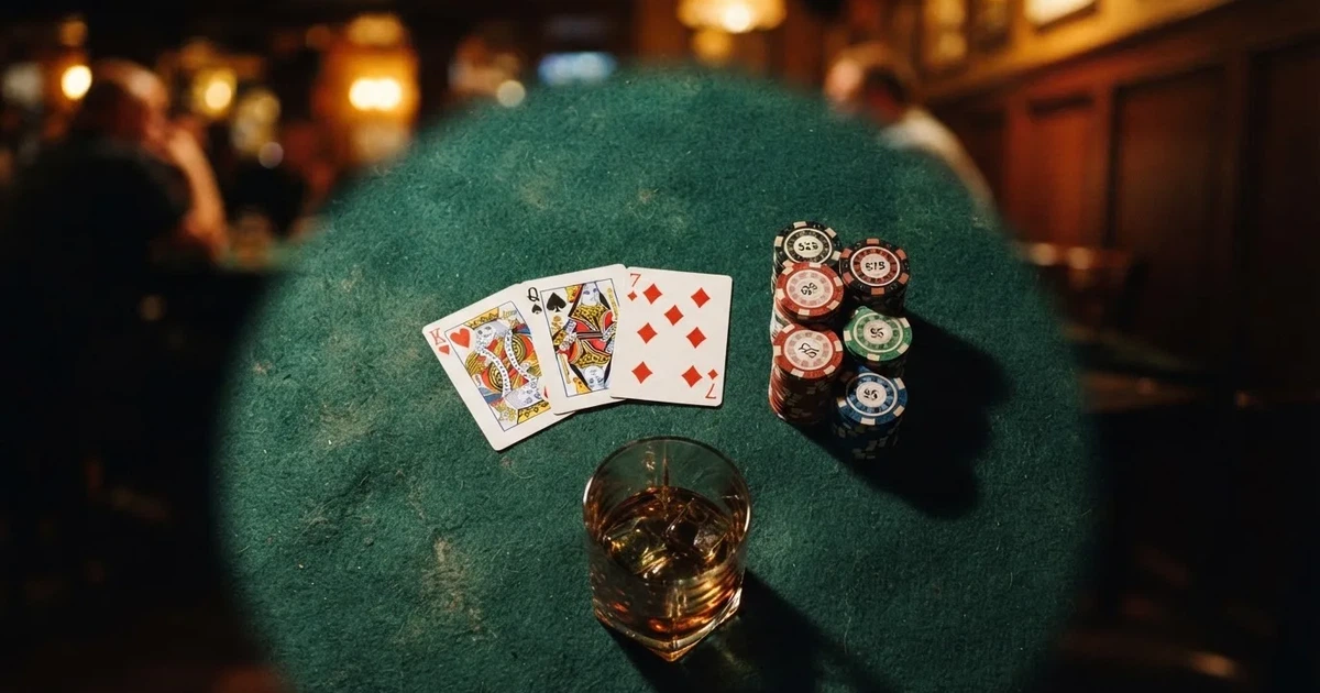 Mesa de jogo iluminada com cartas, vista de cima — jogos de slots em portugal