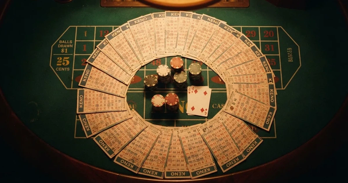 Mesa de jogo iluminada com cartas, vista de cima — keno em cassino pt