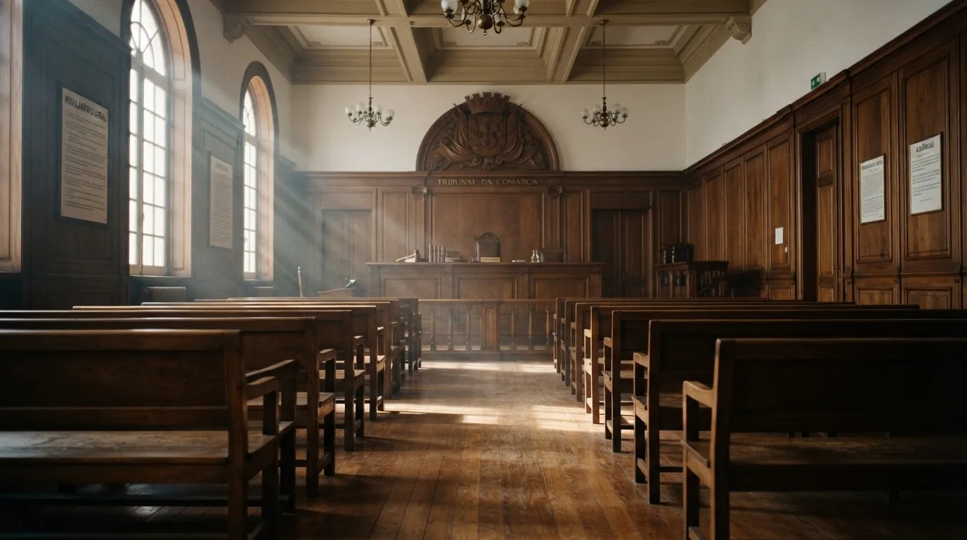 Sala de tribunal vazia com painéis de madeira, à luz da manhã — live casinos em portugal