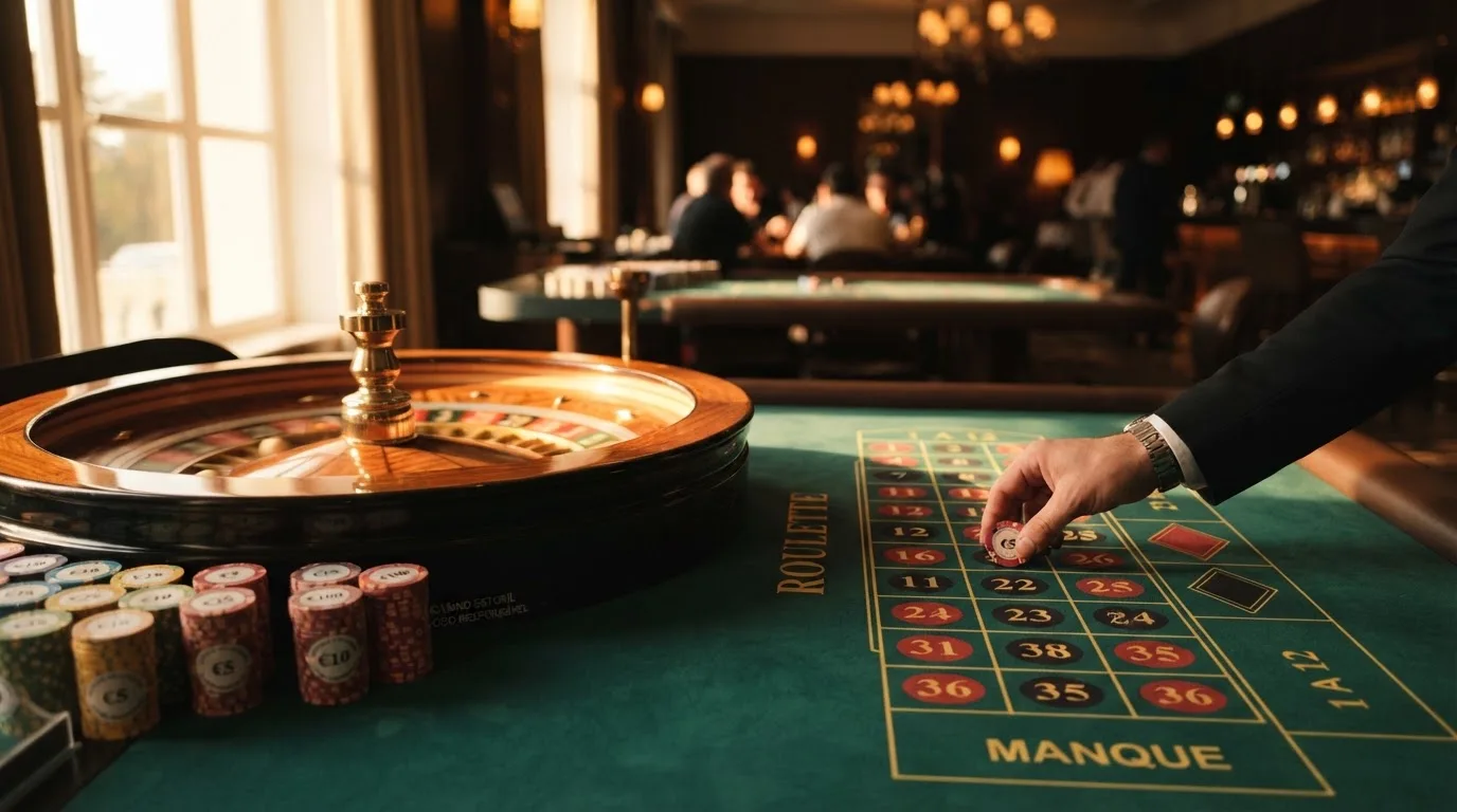 Roda de roleta e fichas sobre feltro verde, sob uma luz quente de fim de tarde — live casinos em portugal