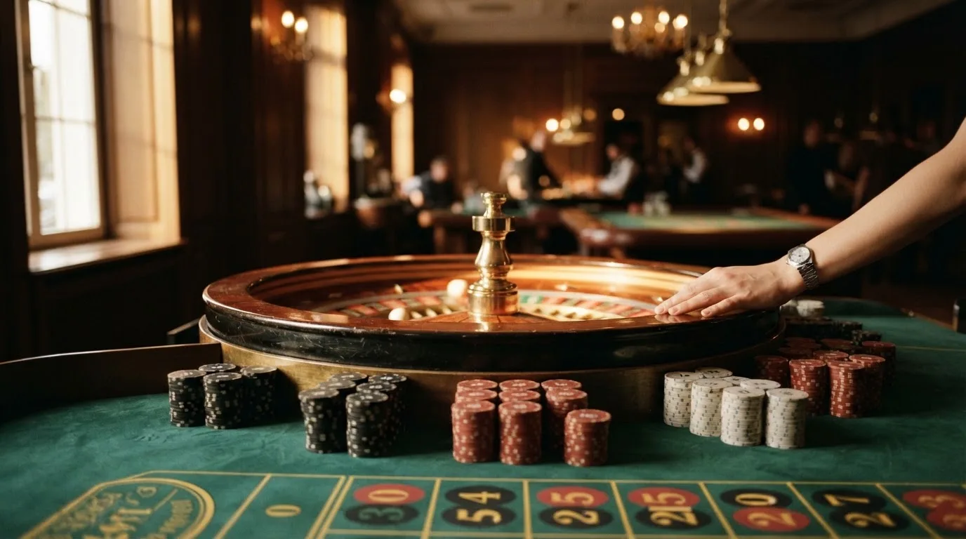 Roda de roleta e fichas sobre feltro verde, sob uma luz quente de fim de tarde — máquinas de casino em portugal