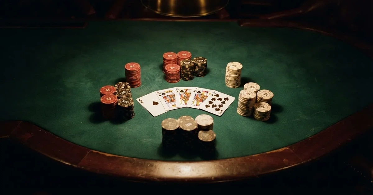 Mesa de jogo iluminada com cartas, vista de cima — máquinas de casino em portugal