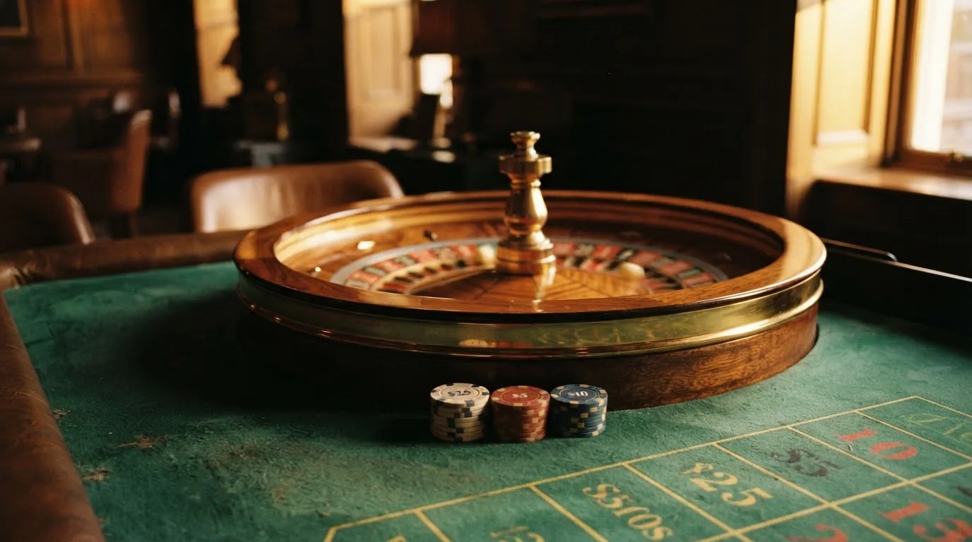 Roda de roleta e fichas sobre feltro verde, sob uma luz quente de fim de tarde — melhor blackjack em portugal