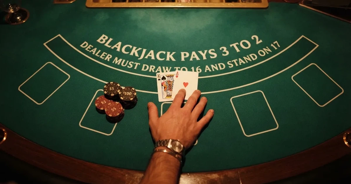 Mesa de jogo iluminada com cartas, vista de cima — melhor blackjack em portugal