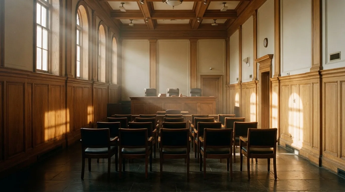 Sala de tribunal vazia com painéis de madeira, à luz da manhã — melhor roleta em portugal