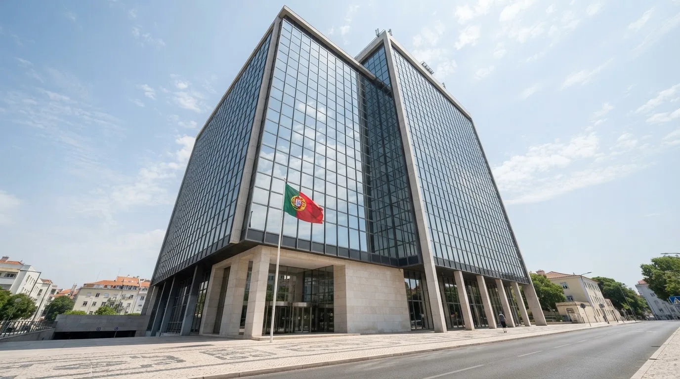 Edifício de escritórios de um organismo público em Lisboa, visto da rua, com vidros espelhados a refletir o céu e uma bandeira.