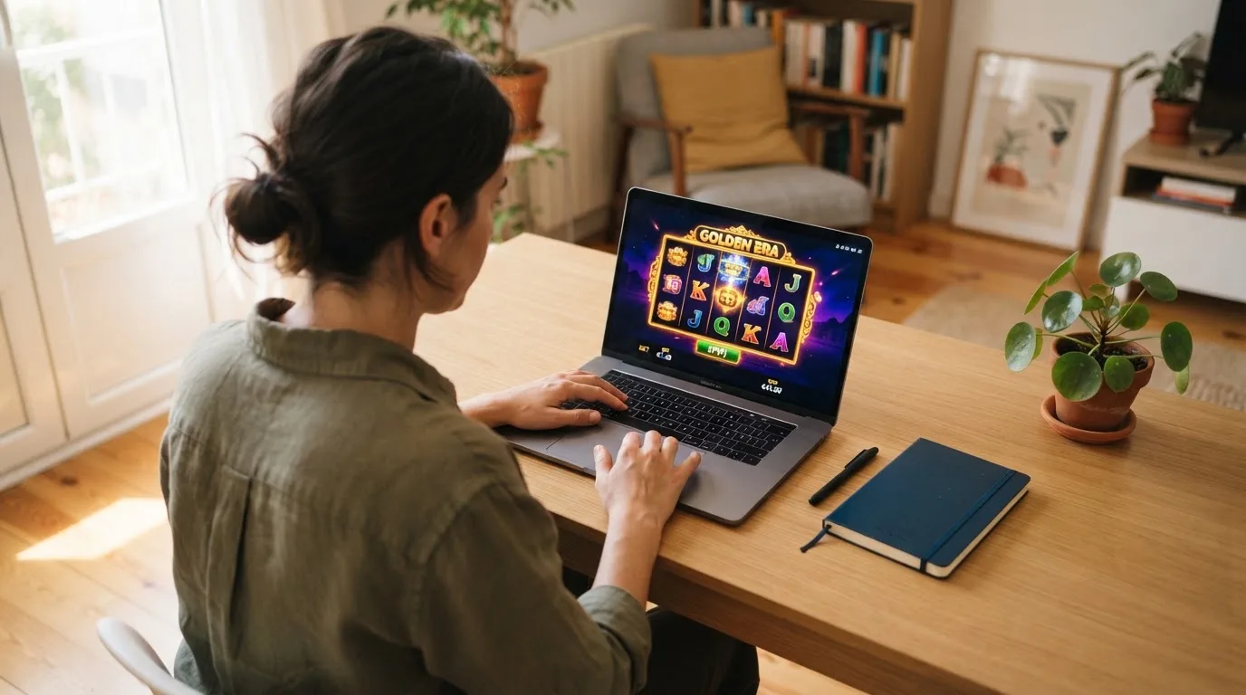 Pessoa a explorar um casino online no portátil numa mesa de sala, com bloco de notas fechado e uma planta ao lado.