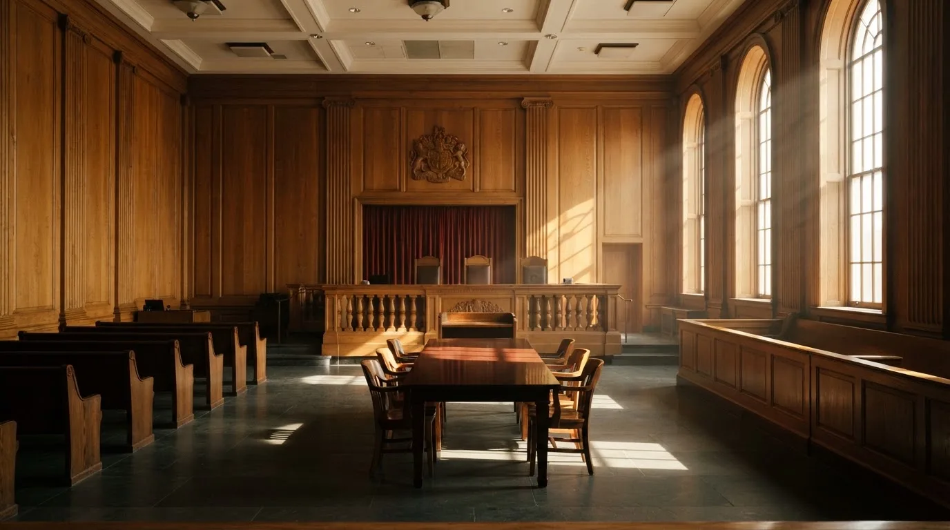 Sala de tribunal vazia com painéis de madeira, à luz da manhã — melhores cassinos em portugal