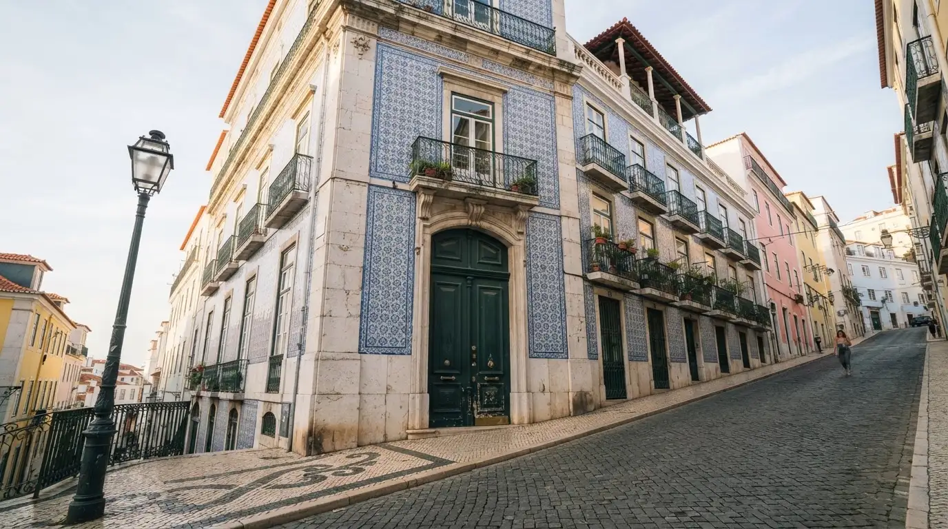 Fachada de um edifício oficial lisboeta com azulejos e portas altas, rua em calçada portuguesa e um candeeiro antigo.