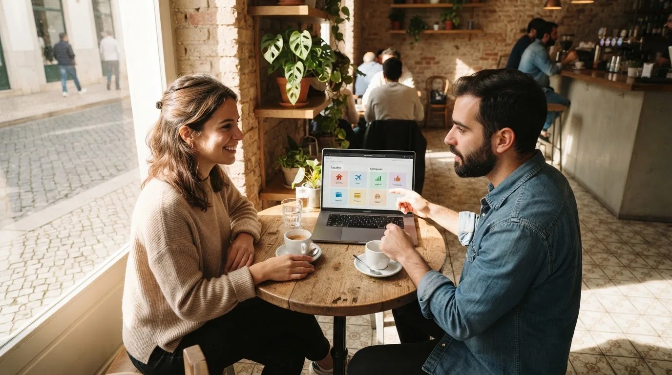 Duas pessoas a comparar opções à mesa de um café, com portátil aberto e dois cafés, luz natural de janela.