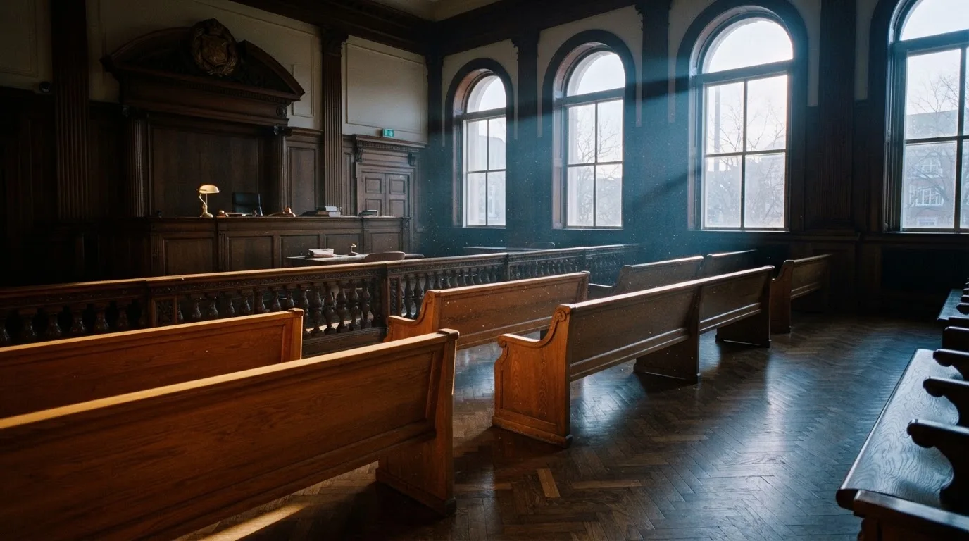 Sala de tribunal vazia com painéis de madeira, à luz da manhã — mesas de casino em portugal