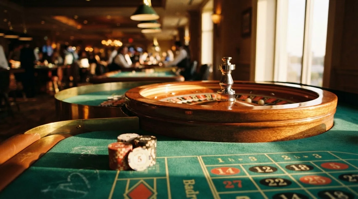 Roda de roleta e fichas sobre feltro verde, sob uma luz quente de fim de tarde — mesas de casino em portugal