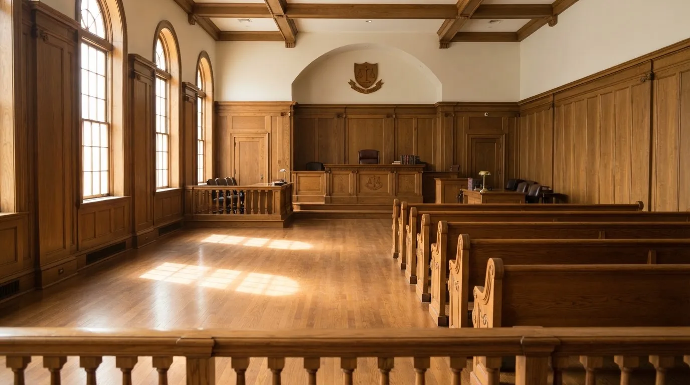 Sala de tribunal vazia com painéis de madeira, à luz da manhã — novo casino em portugal